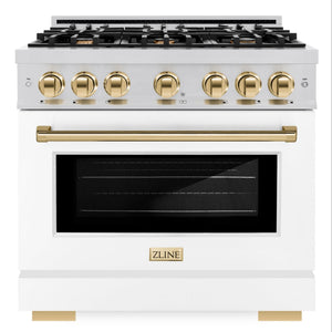 ZLINE Autograph 36" 5.2 cu. ft. Select Gas Range with 6 Burners in Stainless Steel with White Matte Door and Polished Gold Accents, HGRZ-WM-36-G