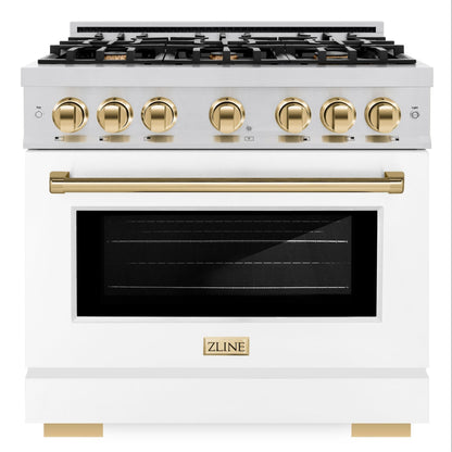 ZLINE Autograph 36" 5.2 cu. ft. Select Gas Range with 6 Burners in Stainless Steel with White Matte Door and Polished Gold Accents, HGRZ-WM-36-G