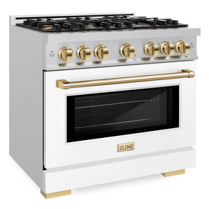 ZLINE Autograph 36" 5.2 cu. ft. Select Gas Range with 6 Burners in Stainless Steel with White Matte Door and Polished Gold Accents, HGRZ-WM-36-G
