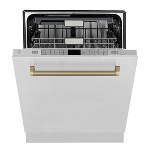 ZLINE Autograph 24" Monument Series 3rd Rack Top Touch Control Tall Tub Dishwasher in Stainless Steel with Champagne Bronze Helix Handle, 45dBa, DWMTZ-30424-KCB