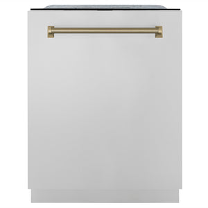 ZLINE Autograph 24" Monument Series 3rd Rack Top Touch Control Tall Tub Dishwasher in Stainless Steel with Champagne Bronze Helix Handle, 45dBa, DWMTZ-30424-KCB