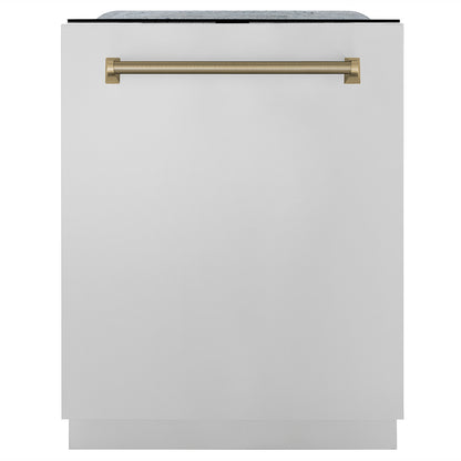 ZLINE Autograph 24" Monument Series 3rd Rack Top Touch Control Tall Tub Dishwasher in Stainless Steel with Champagne Bronze Helix Handle, 45dBa, DWMTZ-30424-KCB
