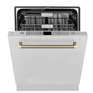ZLINE Autograph 24" Monument Series 3rd Rack Top Touch Control Tall Tub Dishwasher in Stainless Steel with Polished Gold Helix Handle, 45dBa, DWMTZ-30424-KG