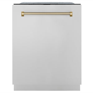 ZLINE Autograph 24" Monument Series 3rd Rack Top Touch Control Tall Tub Dishwasher in Stainless Steel with Polished Gold Helix Handle, 45dBa, DWMTZ-30424-KG