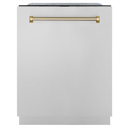 ZLINE Autograph 24" Monument Series 3rd Rack Top Touch Control Tall Tub Dishwasher in Stainless Steel with Polished Gold Helix Handle, 45dBa, DWMTZ-30424-KG