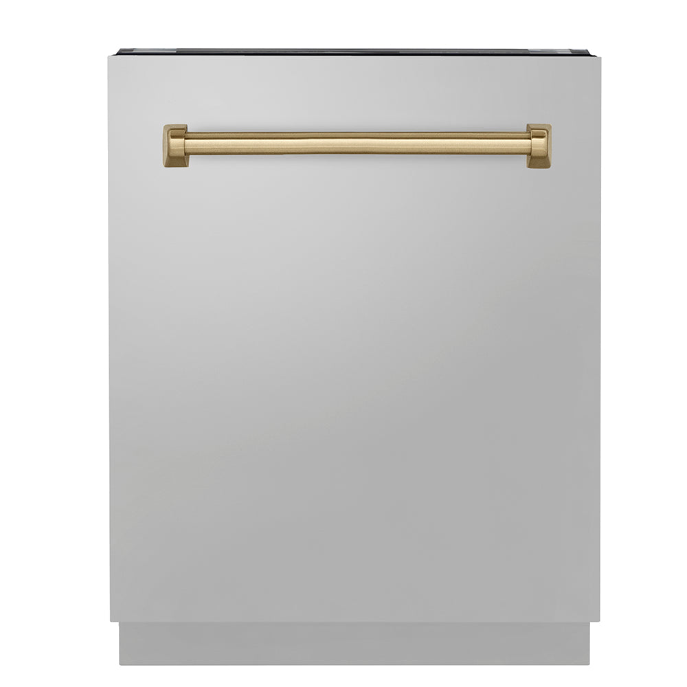 ZLINE Tallac Autograph Edition 24-Inch Top Control Built-In Dishwasher, Stainless Steel Panel, Traditional Champagne Bronze Handle, 51 dBA (DWVZ-304-24-CB)