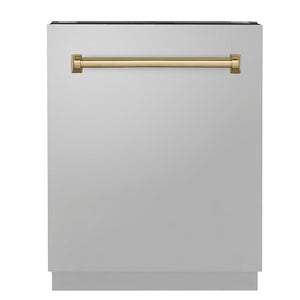 ZLINE Tallac Autograph Edition 24-Inch Top Control Built-In Dishwasher, Stainless Steel Panel, Traditional Champagne Bronze Handle, 51 dBA (DWVZ-304-24-CB)