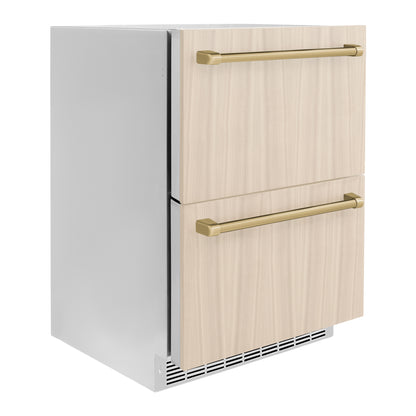 ZLINE Autograph 24" Touchstone 168 Can Outdoor-Rated Refrigerator Drawer with Panel Ready Doors and 2 Champagne Bronze Handles, RDSPOZ-24-CB