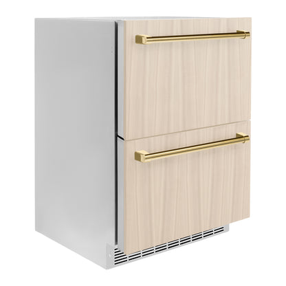 ZLINE Autograph 24" Touchstone 168 Can Outdoor-Rated Refrigerator Drawer with Panel Ready Doors and 2 Polished Gold Handles, RDSPOZ-24-G