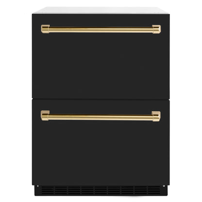 ZLINE Autograph Edition 24" Touchstone 168 Can Outdoor-Rated Dual Refrigerator Drawer with Black Matte Doors and Polished Gold Handles, RDSOZ-BLM-24-G