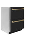 ZLINE Autograph Edition 24" Touchstone 168 Can Outdoor-Rated Dual Refrigerator Drawer with Black Matte Doors and Polished Gold Handles, RDSOZ-BLM-24-G