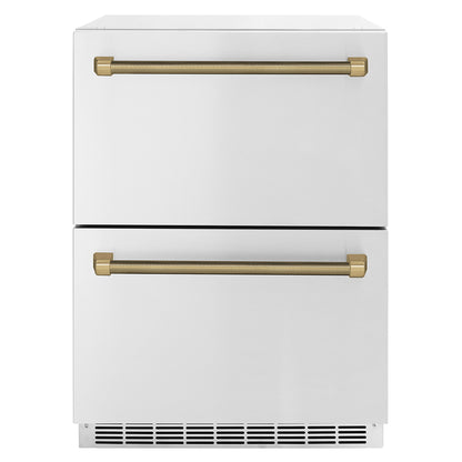 ZLINE Autograph 24" Touchstone 168 Can Outdoor-Rated Dual Refrigerator Drawer with Stainless Steel Doors and Champagne Bronze Helix Handles, RDSOZ-ST-24-KCB