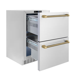 ZLINE Autograph 24" Touchstone 168 Can Outdoor-Rated Dual Refrigerator Drawer with Stainless Steel Doors and Champagne Bronze Helix Handles, RDSOZ-ST-24-KCB