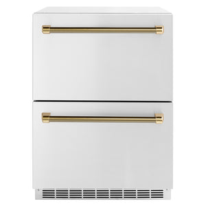 ZLINE Autograph 24" Touchstone 168 Can Outdoor-Rated Dual Refrigerator Drawer with Stainless Steel Doors and Polished Gold Helix Handles, RDSOZ-ST-24-KG