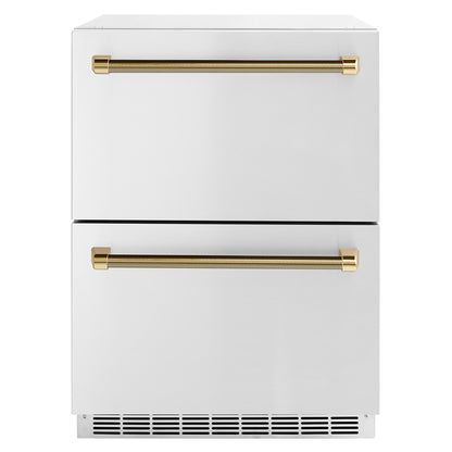 ZLINE Autograph 24" Touchstone 168 Can Outdoor-Rated Dual Refrigerator Drawer with Stainless Steel Doors and Polished Gold Helix Handles, RDSOZ-ST-24-KG