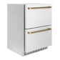 ZLINE Autograph 24" Touchstone 168 Can Outdoor-Rated Dual Refrigerator Drawer with Stainless Steel Doors and Polished Gold Helix Handles, RDSOZ-ST-24-KG