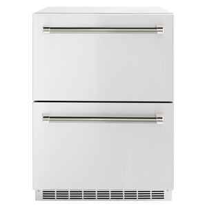 ZLINE Autograph 24" Touchstone 168 Can Outdoor-Rated Dual Refrigerator Drawer with Stainless Steel Doors and Polished Nickel Helix Handles, RDSOZ-ST-24-KPN