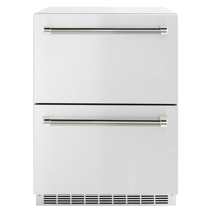 ZLINE Autograph 24" Touchstone 168 Can Outdoor-Rated Dual Refrigerator Drawer with Stainless Steel Doors and Polished Nickel Helix Handles, RDSOZ-ST-24-KPN