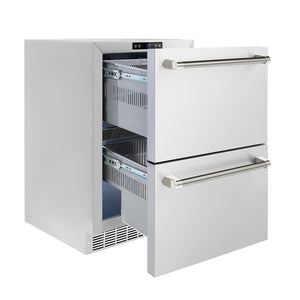 ZLINE Autograph 24" Touchstone 168 Can Outdoor-Rated Dual Refrigerator Drawer with Stainless Steel Doors and Polished Nickel Helix Handles, RDSOZ-ST-24-KPN