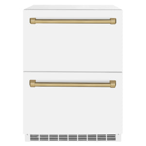 ZLINE Autograph Edition 24" Touchstone 168 Can Outdoor-Rated Dual Refrigerator Drawer with White Matte Doors and Champagne Bronze Handles, RDSOZ-WM-24-CB