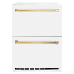 ZLINE Autograph Edition 24" Touchstone 168 Can Outdoor-Rated Dual Refrigerator Drawer with White Matte Doors and Polished Gold Handles, RDSOZ-WM-24-G