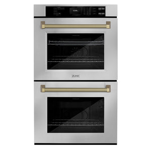ZLINE Autograph 30" Professional True Convection Double Wall Oven with Air Fry and Self Clean in Stainless Steel with Champagne Bronze Helix Handles, WADZ-30-KCB