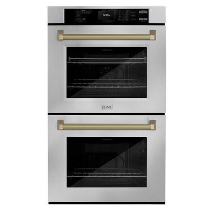 ZLINE Autograph 30" Professional True Convection Double Wall Oven with Air Fry and Self Clean in Stainless Steel with Champagne Bronze Helix Handles, WADZ-30-KCB