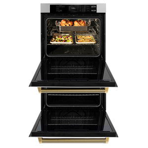 ZLINE Autograph 30" Professional True Convection Double Wall Oven with Air Fry and Self Clean in Stainless Steel with Polished Gold Helix Handles, WADZ-30-KG