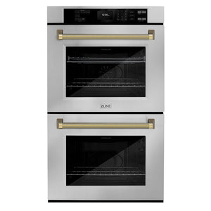 ZLINE Autograph 30" Professional True Convection Double Wall Oven with Air Fry and Self Clean in Stainless Steel with Polished Gold Helix Handles, WADZ-30-KG