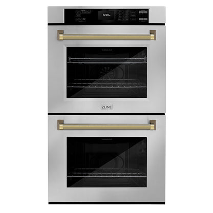 ZLINE Autograph 30" Professional True Convection Double Wall Oven with Air Fry and Self Clean in Stainless Steel with Polished Gold Helix Handles, WADZ-30-KG