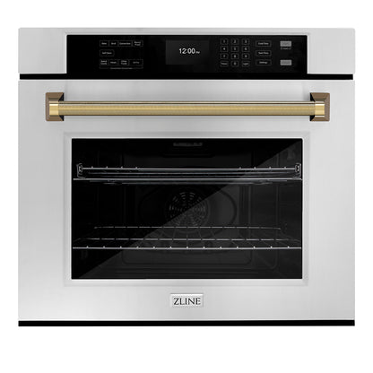 ZLINE Autograph 30" Professional True Convection Single Wall Oven with Air Fry and Self Clean in Stainless Steel with Polished Gold Helix Handle, WASZ-30-KG