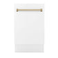 ZLINE Tallac Autograph Edition 18-Inch Top Control Built-In Dishwasher, White Matte Panel, Modern Champagne Bronze Handle, 51 dBA, DWVZ-WM-18-CB