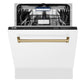 ZLINE Tallac Autograph Edition 24-Inch Top Control Built-In Dishwasher, White Matte Panel, Modern Champagne Bronze Handle, 51 dBA, DWVZ-WM-24-CB