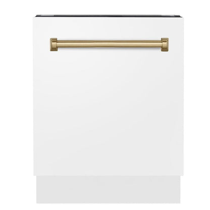 ZLINE Tallac Autograph Edition 24-Inch Top Control Built-In Dishwasher, White Matte Panel, Modern Champagne Bronze Handle, 51 dBA (DWVZ-WM-24-CB)