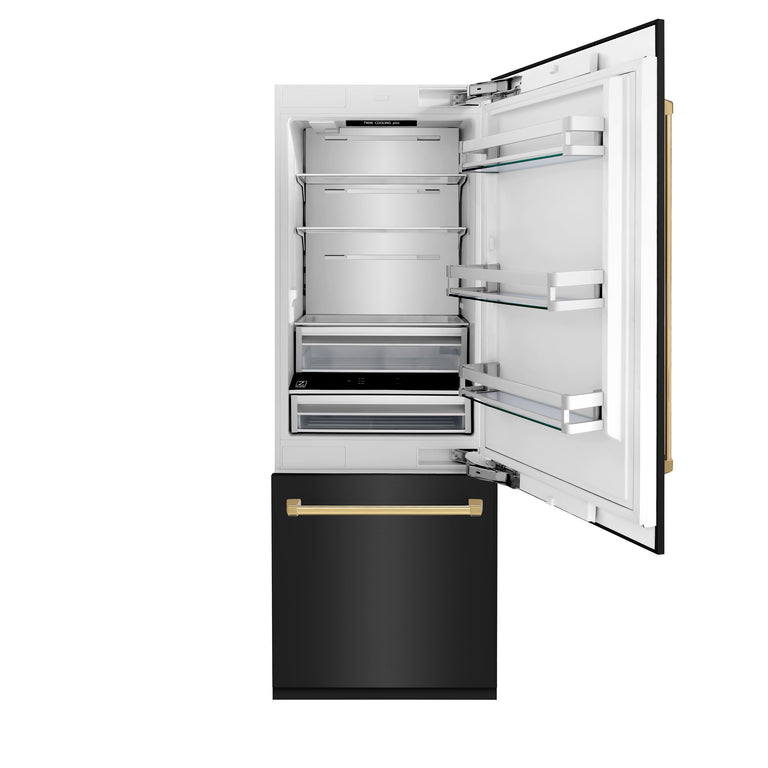 ZLINE 30" Autograph 16.1 cu. ft. Built-in Refrigerator with Internal Water and Ice Dispenser in Black Stainless Steel with Gold Accents, RBIVZ-BS-30-G