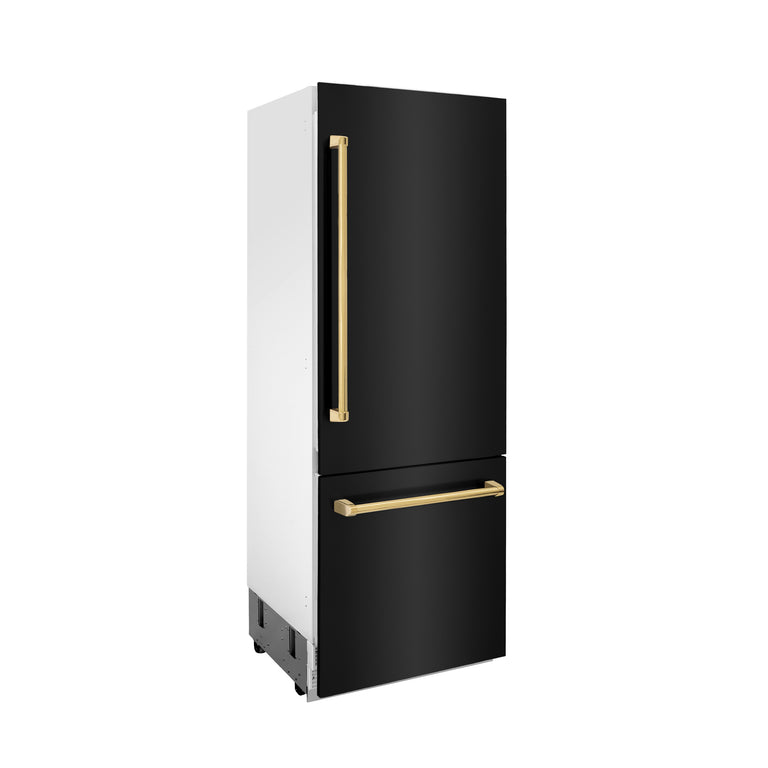 ZLINE 30" Autograph 16.1 cu. ft. Built-in Refrigerator with Internal Water and Ice Dispenser in Black Stainless Steel with Gold Accents, RBIVZ-BS-30-G