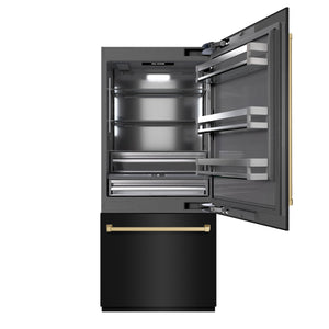 ZLINE Autograph 36" 19.8 cu. ft. Built-In Bottom Freezer Refrigerator with Water Dispenser and Ice Maker in Black Stainless Steel with Graphite Gray Interior and Champagne Bronze Accents, GRBITZ-BS-36-CB