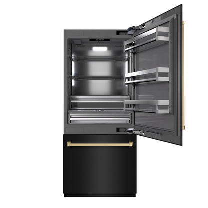ZLINE Autograph 36" 19.8 cu. ft. Built-In Bottom Freezer Refrigerator with Water Dispenser and Ice Maker in Black Stainless Steel with Graphite Gray Interior and Champagne Bronze Accents, GRBITZ-BS-36-CB