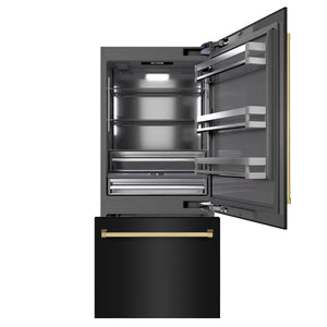 ZLINE Autograph 36" 19.8 cu. ft. Built-In Bottom Freezer Refrigerator with Water Dispenser and Ice Maker in Black Stainless Steel with Graphite Gray Interior and Polished Gold Accents, GRBITZ-BS-36-G