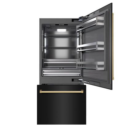 ZLINE Autograph 36" 19.8 cu. ft. Built-In Bottom Freezer Refrigerator with Water Dispenser and Ice Maker in Black Stainless Steel with Graphite Gray Interior and Polished Gold Accents, GRBITZ-BS-36-G