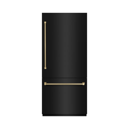 ZLINE Autograph 36" 19.8 cu. ft. Built-In Bottom Freezer Refrigerator with Water Dispenser and Ice Maker in Black Stainless Steel with Graphite Gray Interior and Champagne Bronze Helix Handles, GRBITZ-BS36-KCB