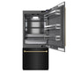 ZLINE Autograph 36" 19.8 cu. ft. Built-In Bottom Freezer Refrigerator with Water Dispenser and Ice Maker in Black Stainless Steel with Graphite Gray Interior and Champagne Bronze Helix Handles, GRBITZ-BS36-KCB