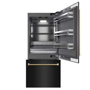 ZLINE Autograph 36" 19.8 cu. ft. Built-In Bottom Freezer Refrigerator with Water Dispenser and Ice Maker in Black Stainless Steel with Graphite Gray Interior and Champagne Bronze Helix Handles, GRBITZ-BS36-KCB