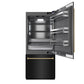 ZLINE Autograph 36" 19.8 cu. ft. Built-In Bottom Freezer Refrigerator with Water Dispenser and Ice Maker in Black Stainless Steel with Graphite Gray Interior and Polished Gold Helix Handles, GRBITZ-BS36-KG