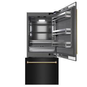 ZLINE Autograph 36" 19.8 cu. ft. Built-In Bottom Freezer Refrigerator with Water Dispenser and Ice Maker in Black Stainless Steel with Graphite Gray Interior and Polished Gold Helix Handles, GRBITZ-BS36-KG