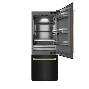 ZLINE Autograph 30" 16.1 cu. ft. Built-In Bottom Freezer Refrigerator with Water Dispenser and Ice Maker in Black Stainless Steel with Graphite Gray Interior and Champagne Bronze Accents, GRBIVZ-BS-30-CB
