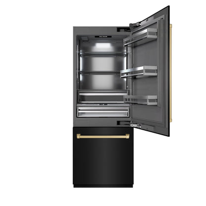 ZLINE Autograph 30" 16.1 cu. ft. Built-In Bottom Freezer Refrigerator with Water Dispenser and Ice Maker in Black Stainless Steel with Graphite Gray Interior and Champagne Bronze Accents, GRBIVZ-BS-30-CB