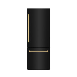 ZLINE Autograph 30" 16.1 cu. ft. Built-In Bottom Freezer Refrigerator with Water Dispenser and Ice Maker in Black Stainless Steel with Graphite Gray Interior and Polished Gold Accents, GRBIVZ-BS-30-G