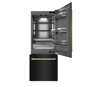 ZLINE Autograph 30" 16.1 cu. ft. Built-In Bottom Freezer Refrigerator with Water Dispenser and Ice Maker in Black Stainless Steel with Graphite Gray Interior and Polished Gold Accents, GRBIVZ-BS-30-G