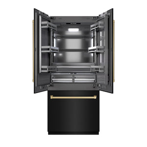 ZLINE Autograph 36" 19.6 cu. ft. French Door Built-In Bottom Freezer Refrigerator with Water Dispenser and Ice Maker in Black Stainless Steel with Graphite Gray Interior and Champagne Bronze Accents, GRBIVZ-BS-36-CB
